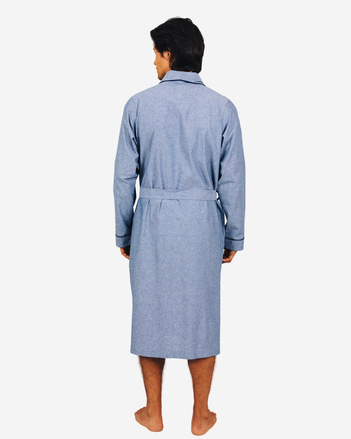 Mens indigo dressing gown in chambray