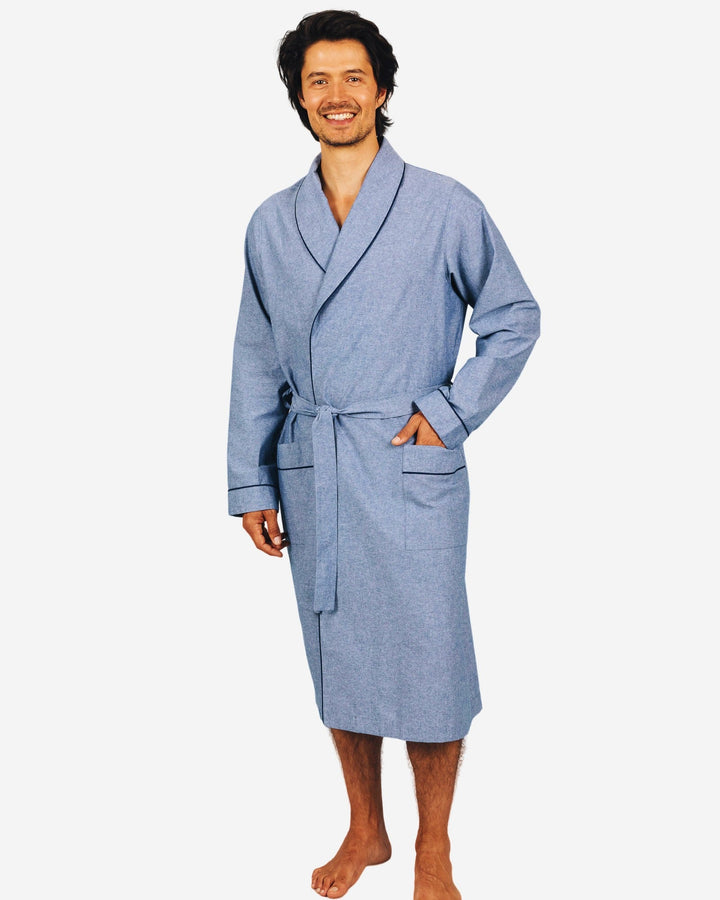 Mens indigo dressing gown in chambray