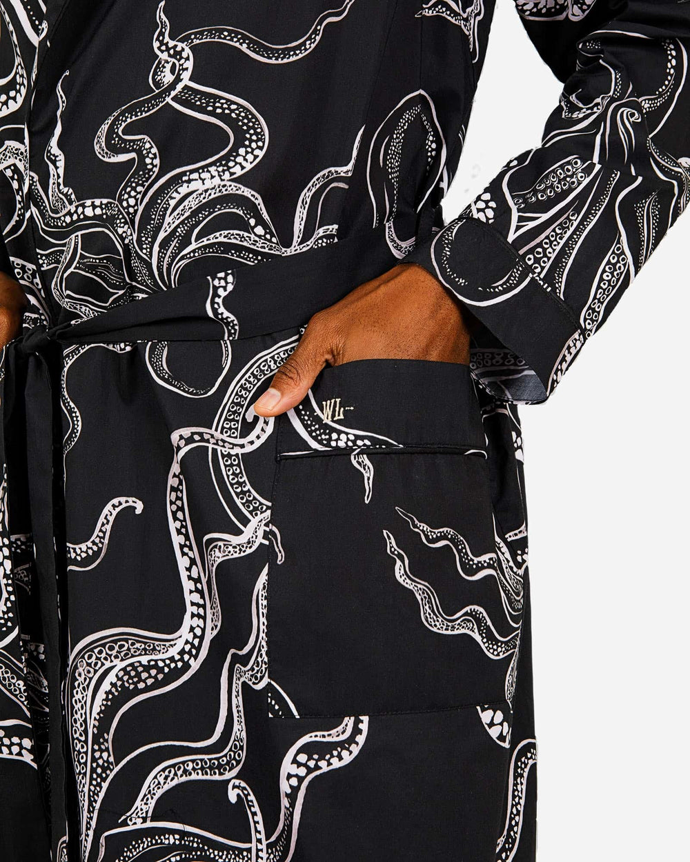 Mens black dressing gown with white octopuses