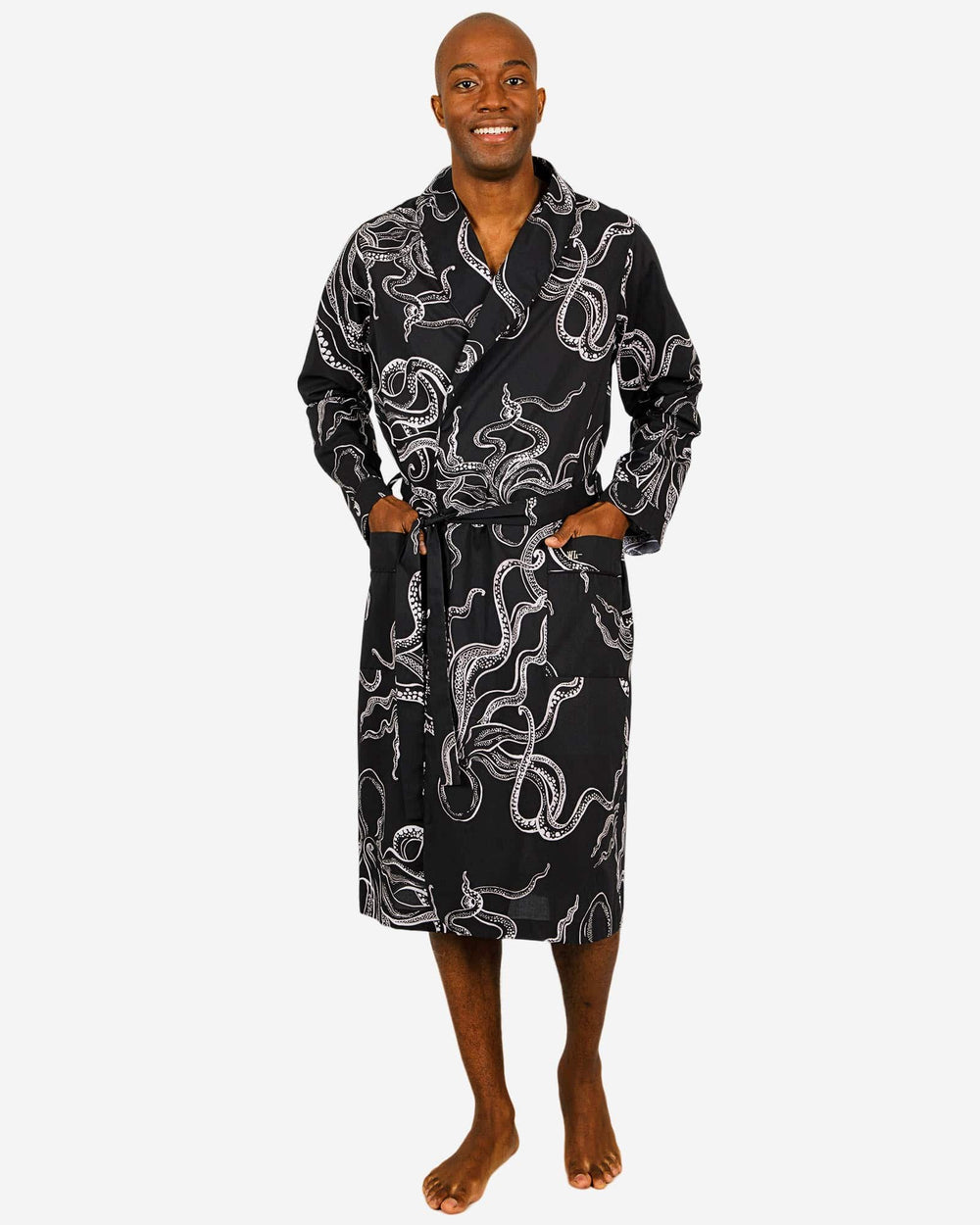 Black mens dressing gown with white octopuses.