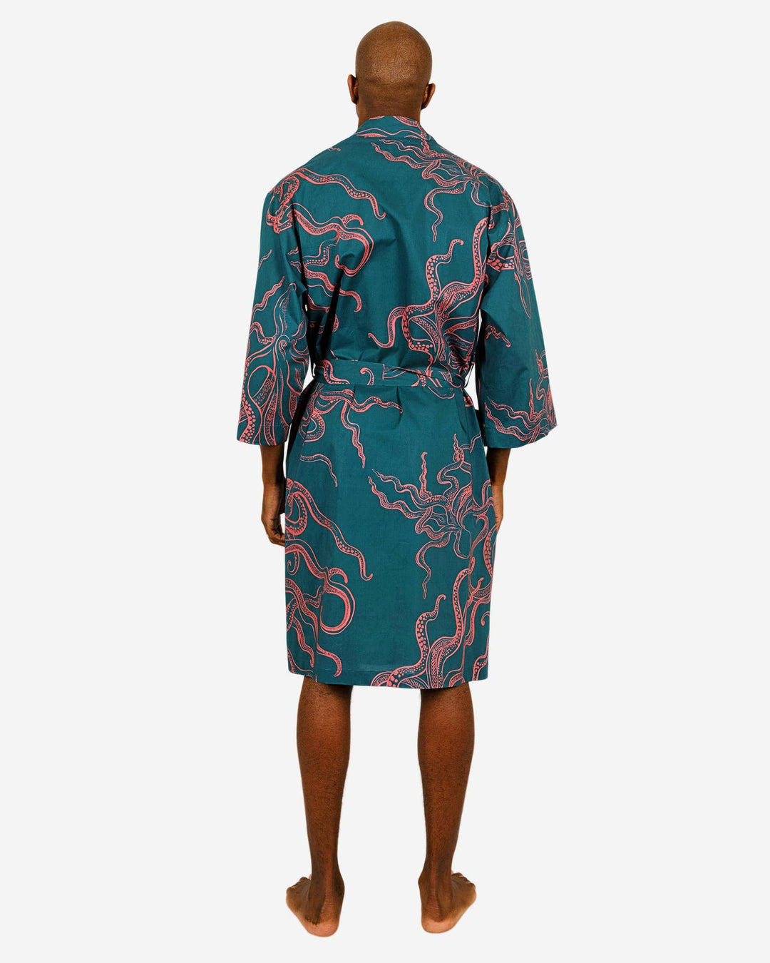 Mens turquoise dressing gown with pink octopuses