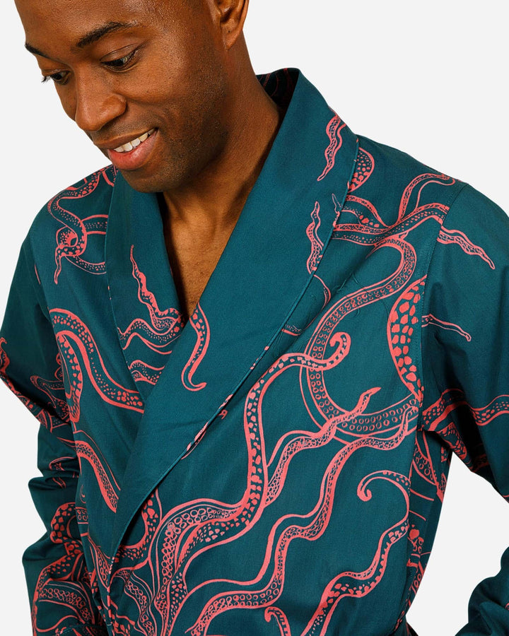 Mens turquoise dressing gown with pink octopuses