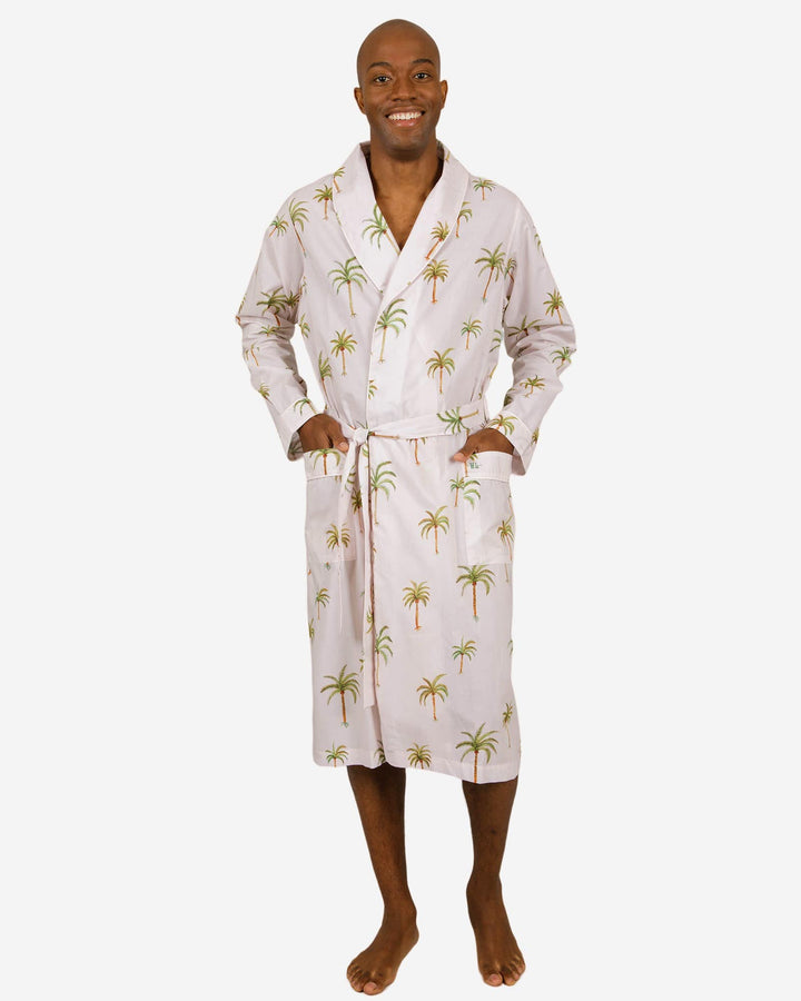 Mens cream dressing gown with palm trees