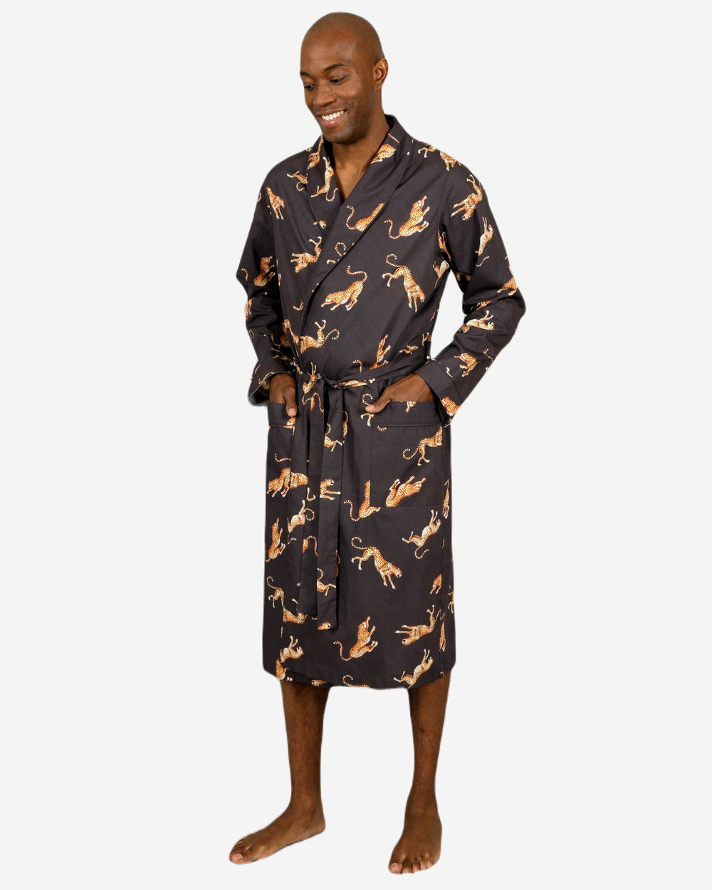 Mens black dressing gown -jumping cheetah
