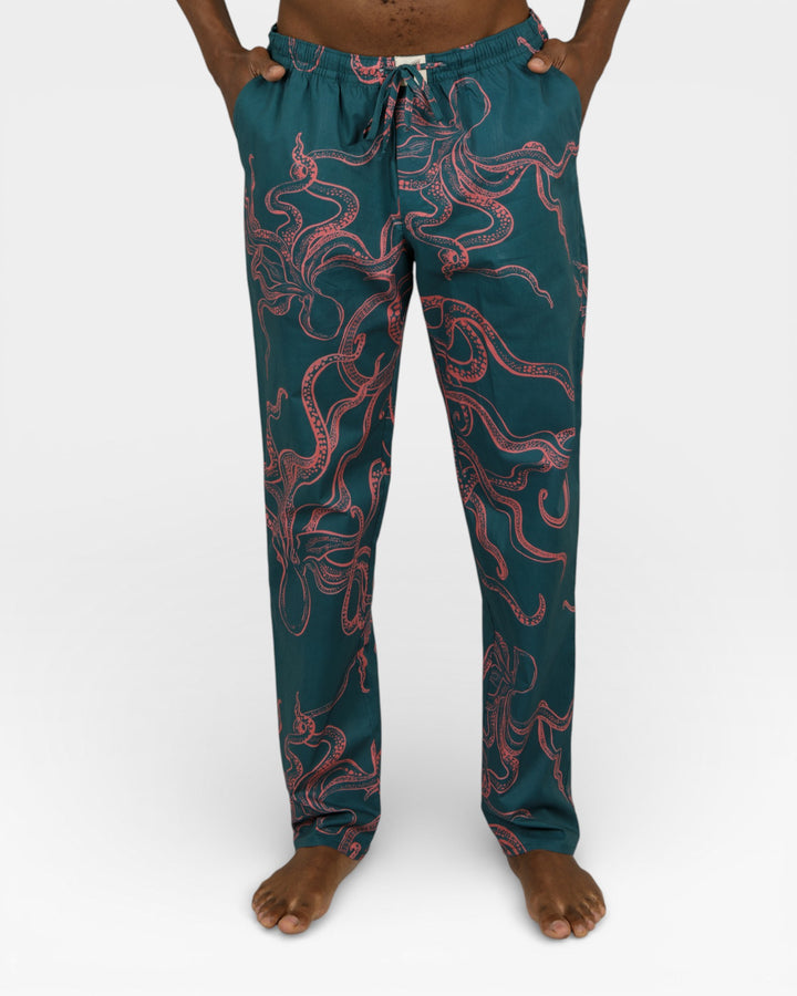 Darkgreen pyjama pants for men with pink octopuses
