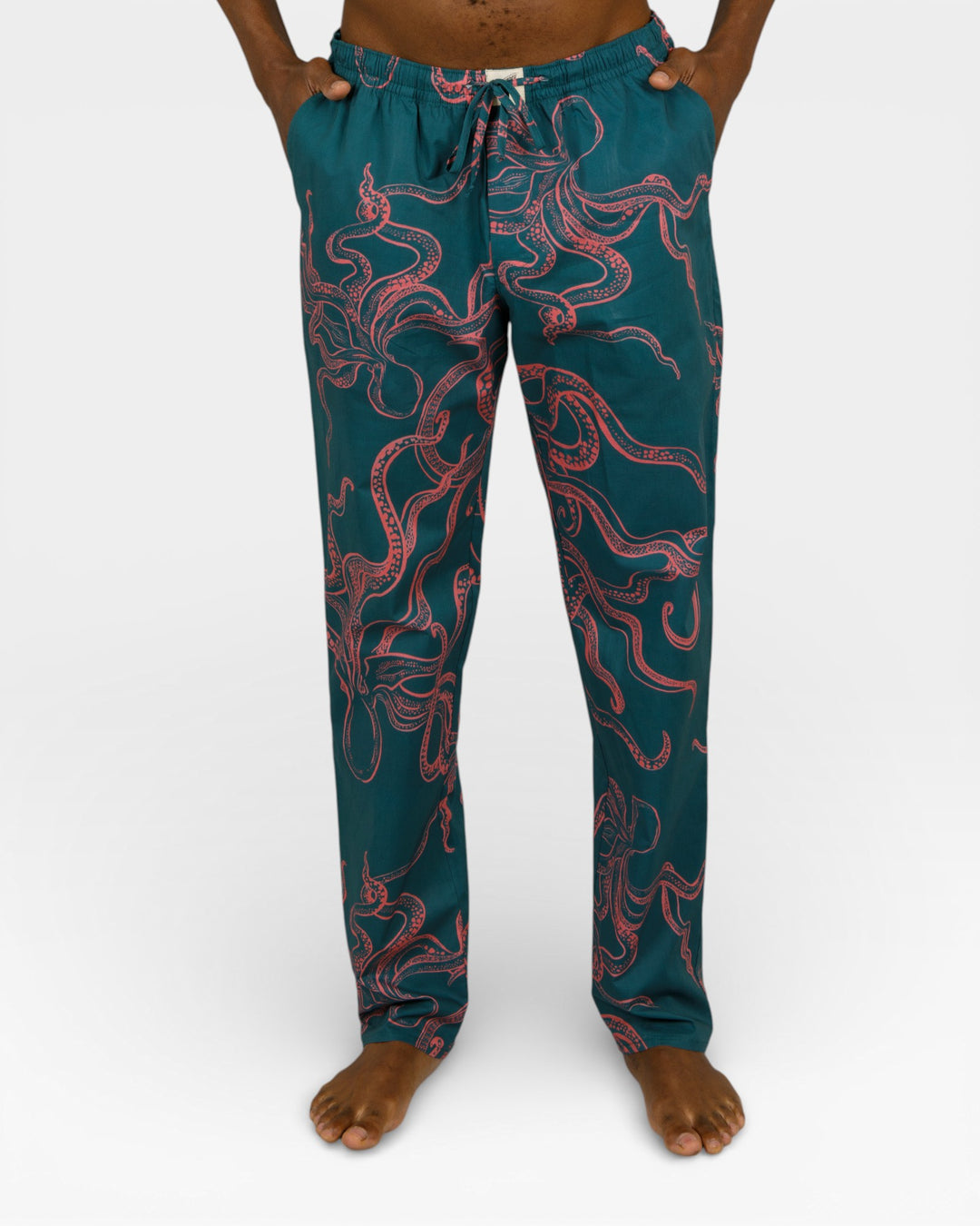 Mens green pyjamas with pink octopus print, trouser detail