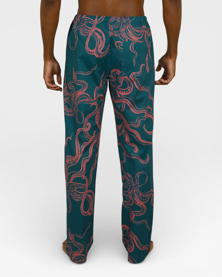 Mens green pyjamas with pink octopus print, trouser detail