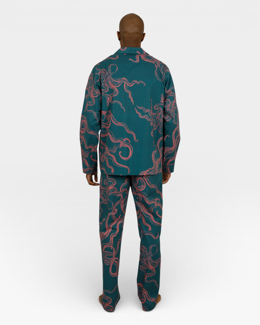 Mens green pyjamas with pink octopus print