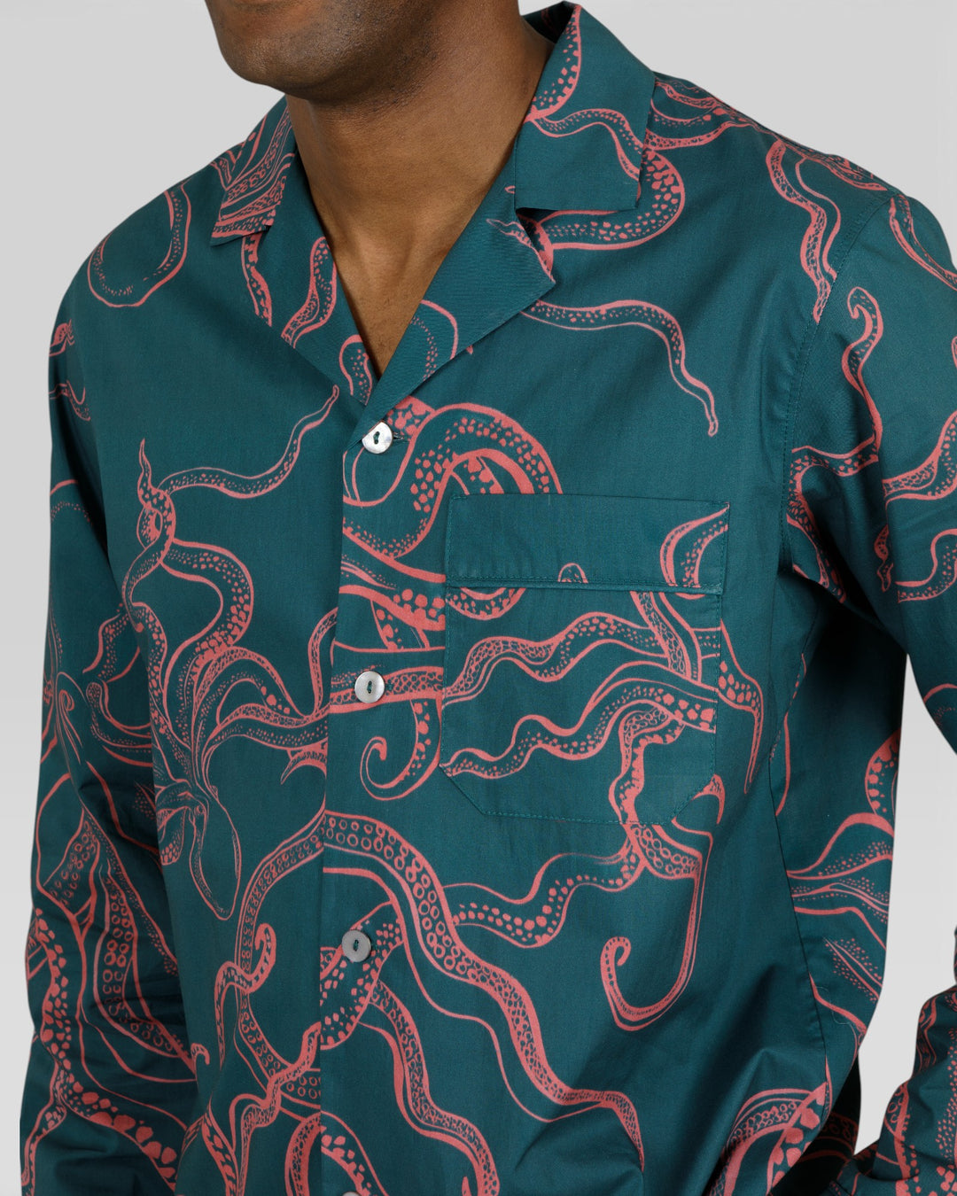 Mens green pyjamas with pink octopus print