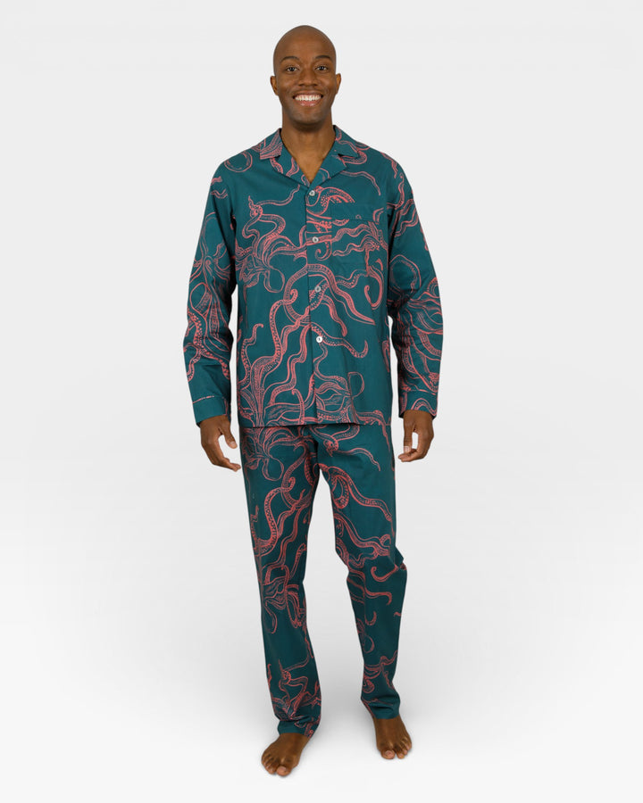 Mens green pyjamas with pink octopus print