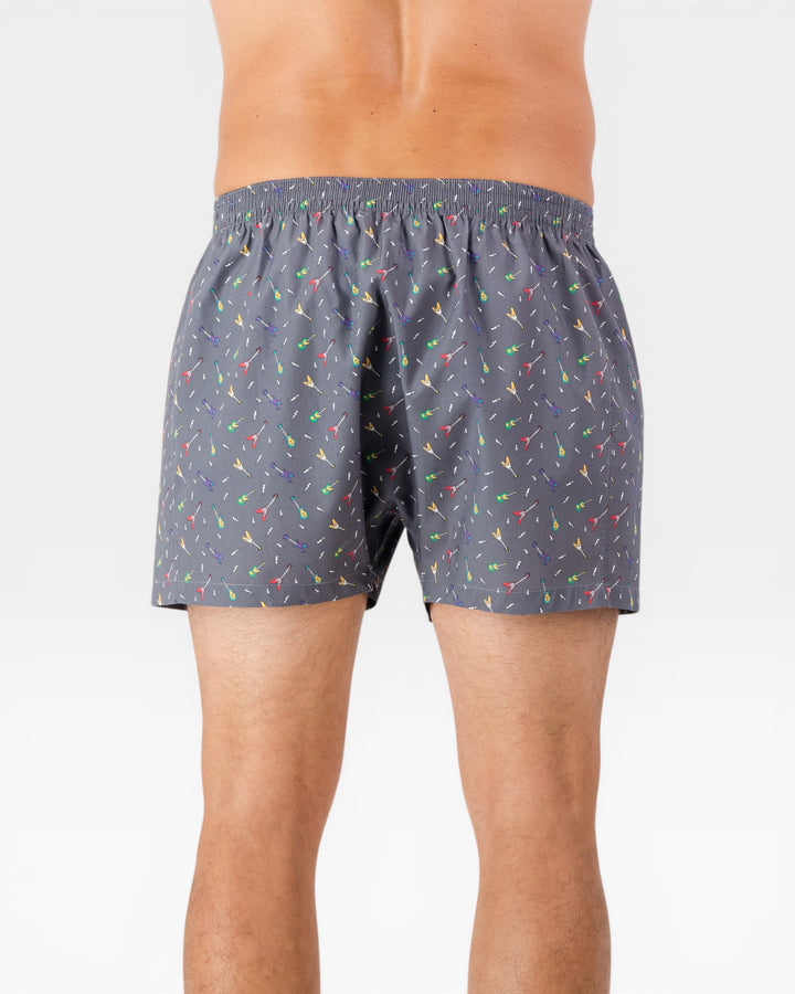 Back view of mens grey guitar print boxer shorts in premium cotton poplin