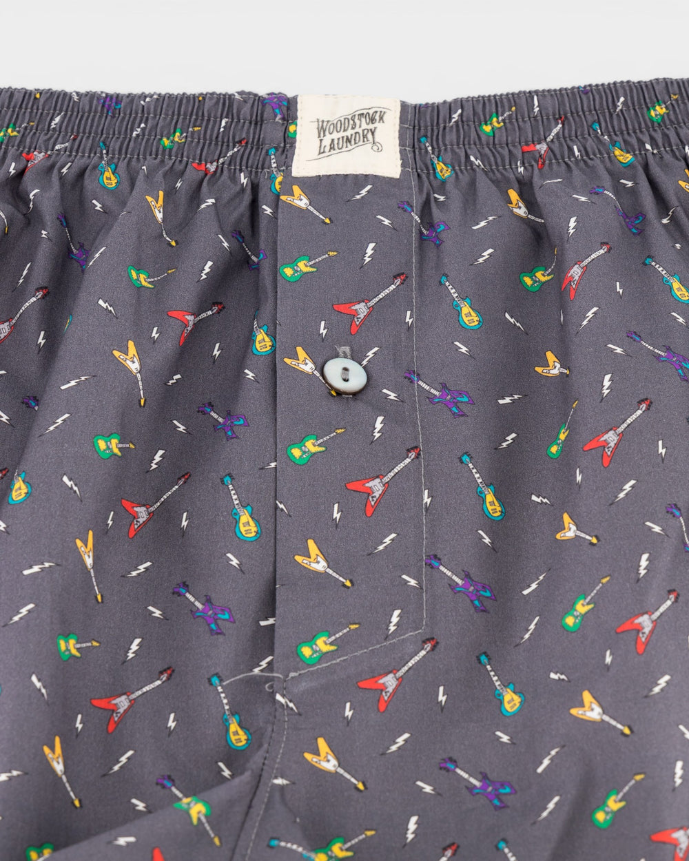 Mens grey boxer shorts with colourful guitar print and lightning bolt details
