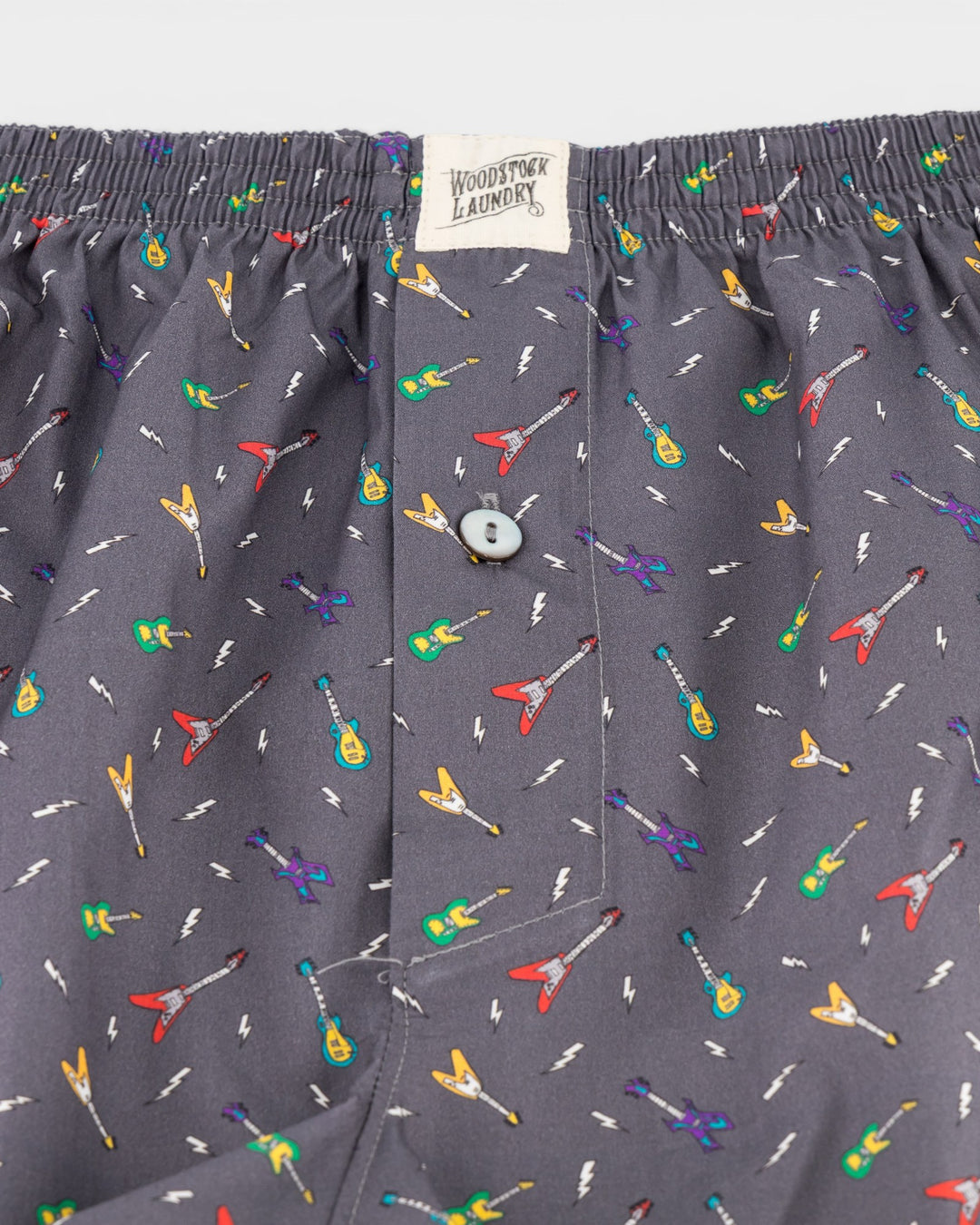 Mens grey boxer shorts with colourful guitar print and lightning bolt details