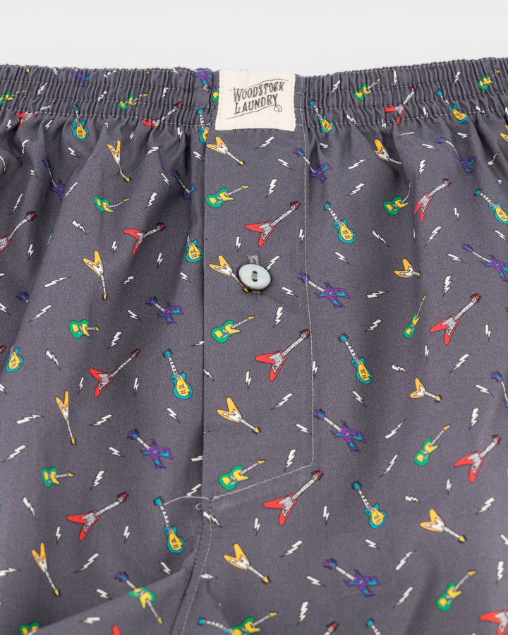Mens grey boxer shorts with colourful guitar print and lightning bolt details