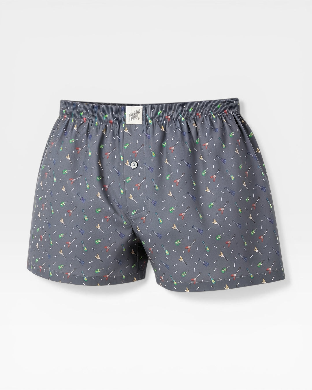 Mens grey Rock n Roll boxer shorts with colourful electric guitar print