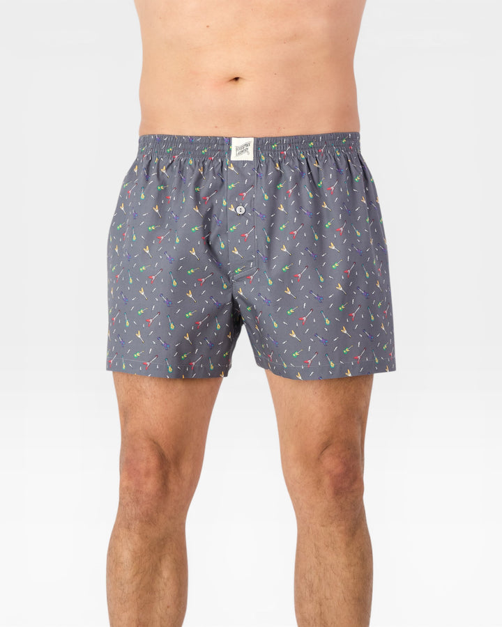 Mens grey boxer shorts with retro-inspired guitar pattern