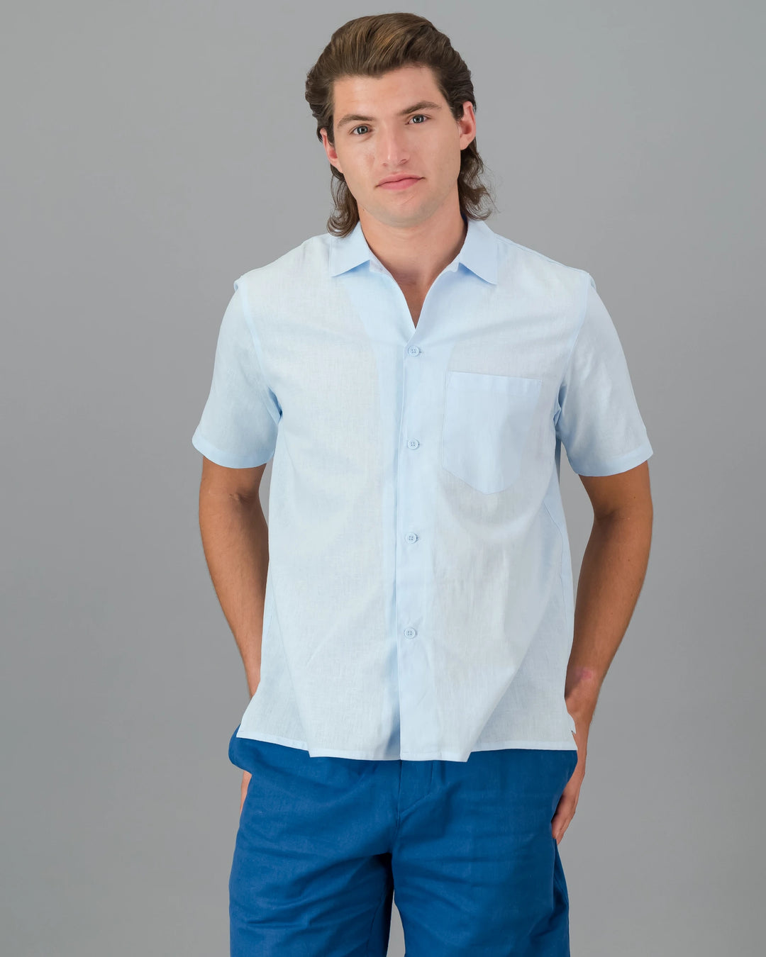 Mens light blue linen short - short sleeve