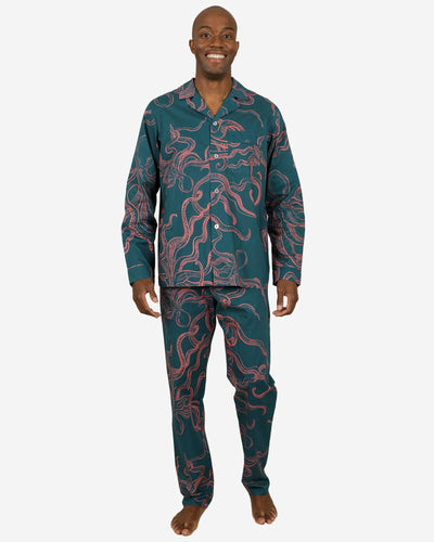 Mens turqoise pyjamas with pink octopuses
