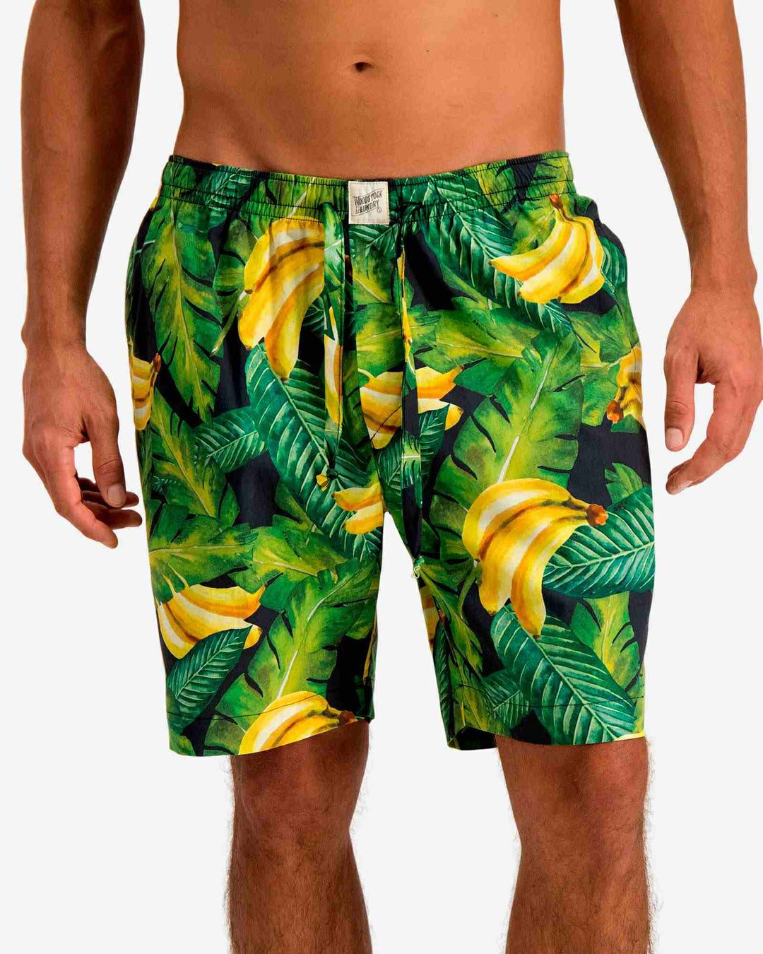 Mens lounge shorts with a bananas on leaves pattern
