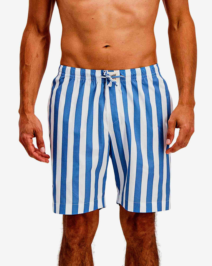 Mens lounge shorts with blue and white stripes