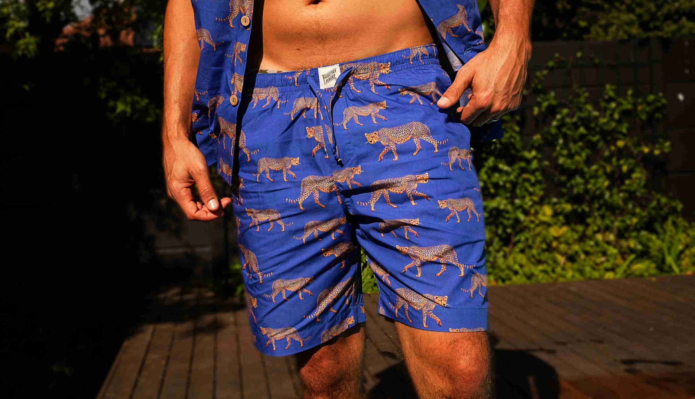 Electric blue lounge shorts for men with cheetahs