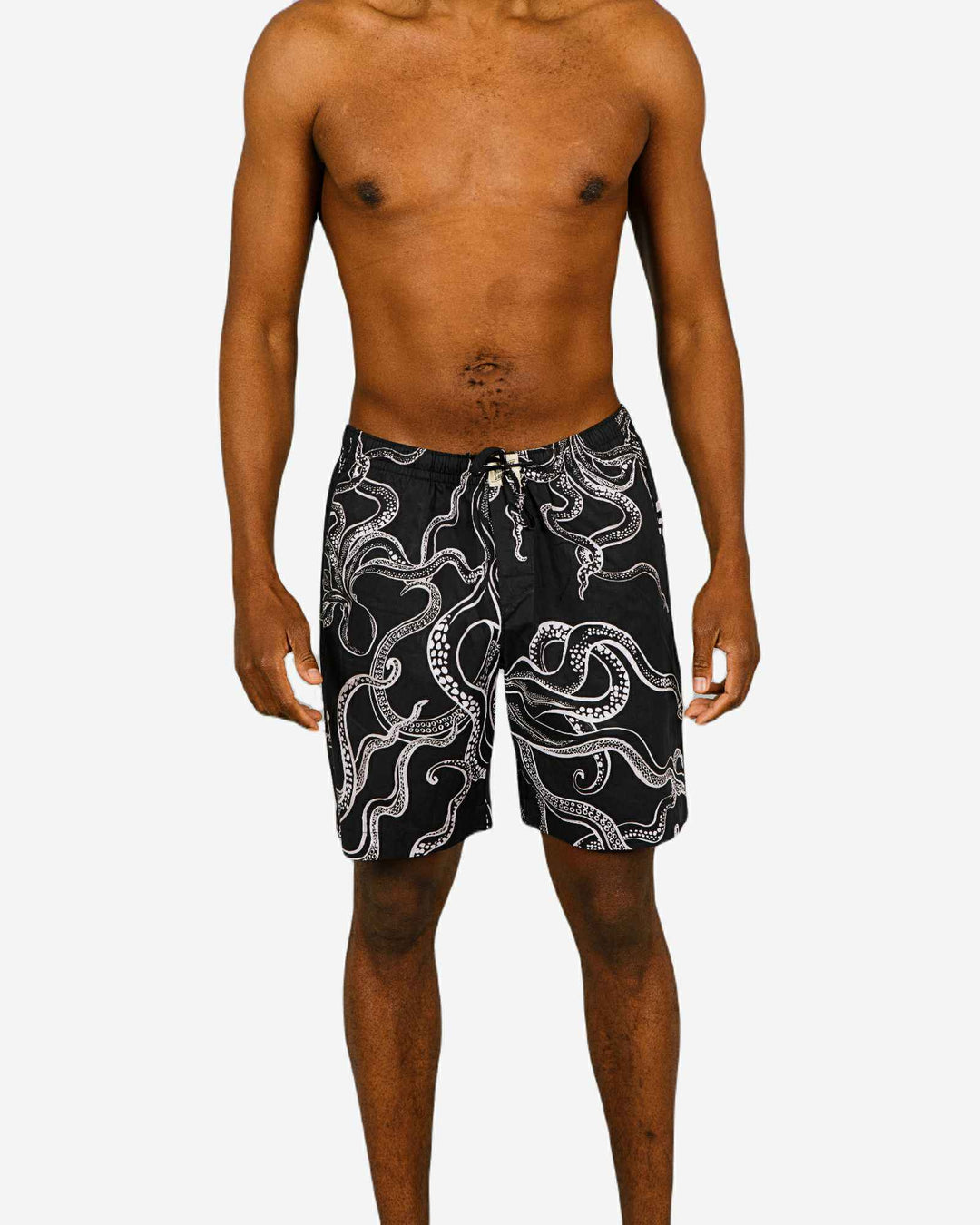 Mens lounge shorts with white octopuses on a black background