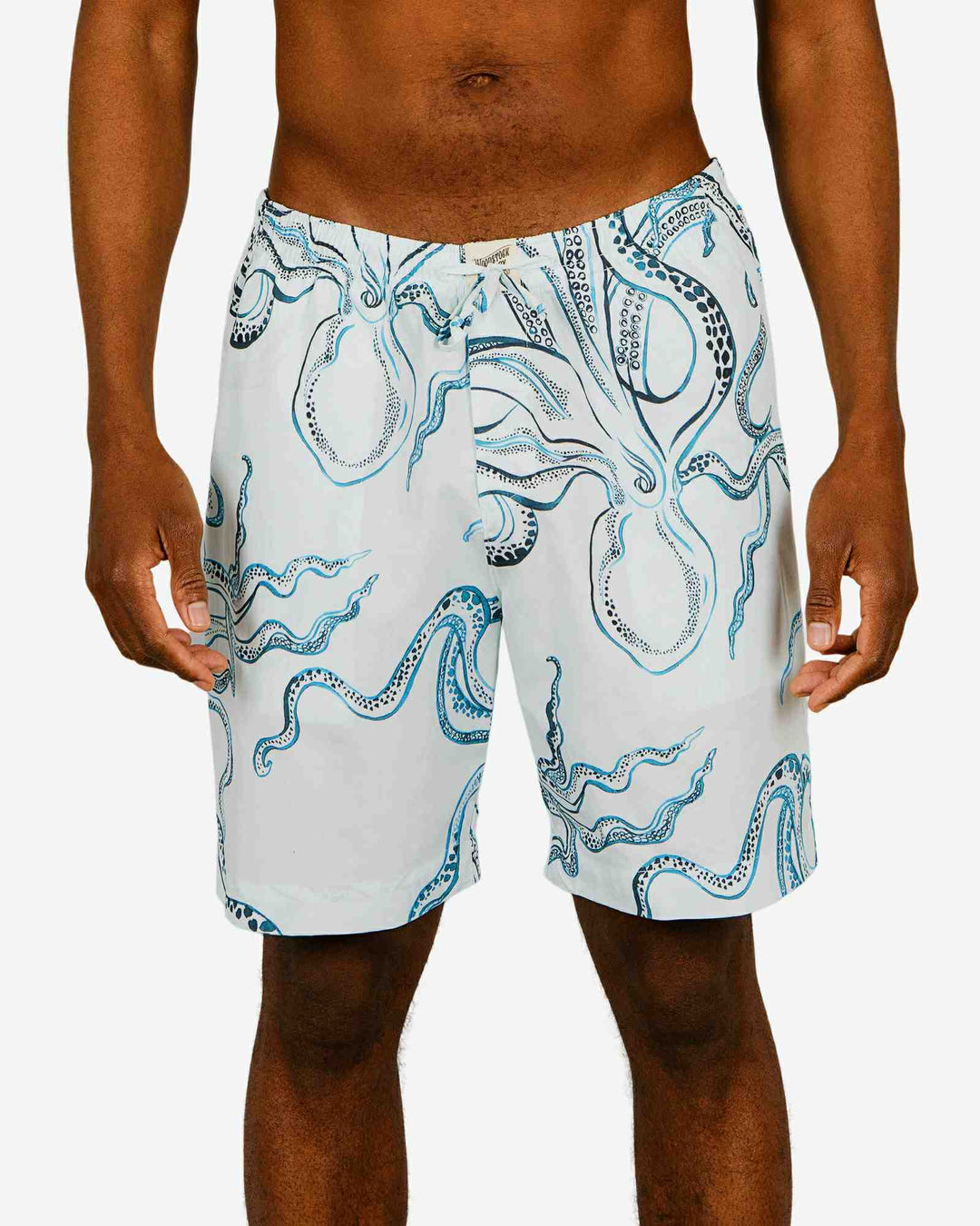 Mens lounge shorts with indogo octopuses on a white background