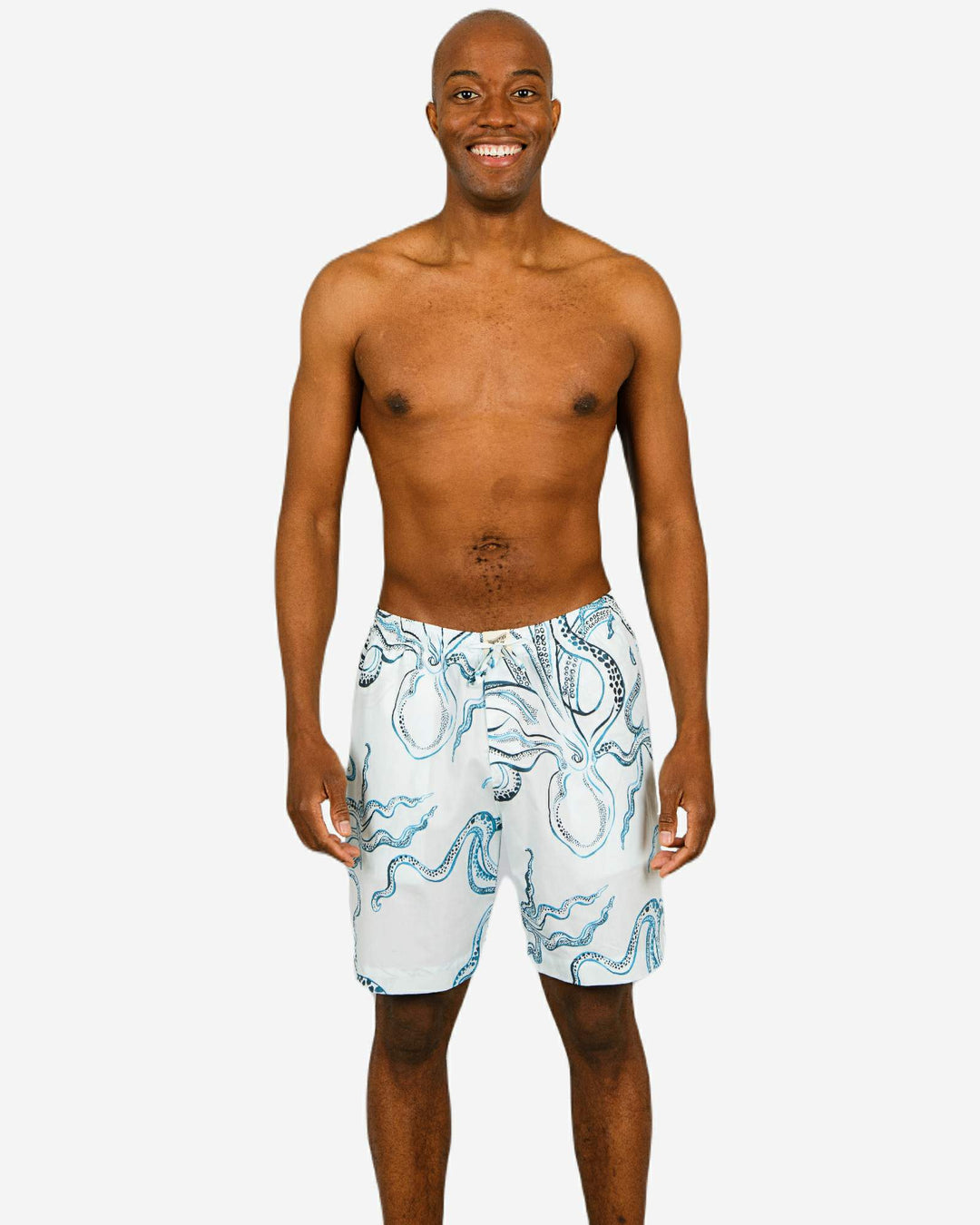 Mens lounge shorts with indogo octopuses on a white background