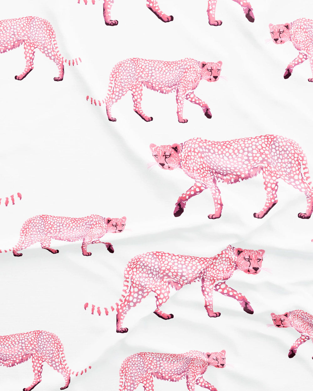Mens lounge shorts with a pattern of pink cheetahs on a white background