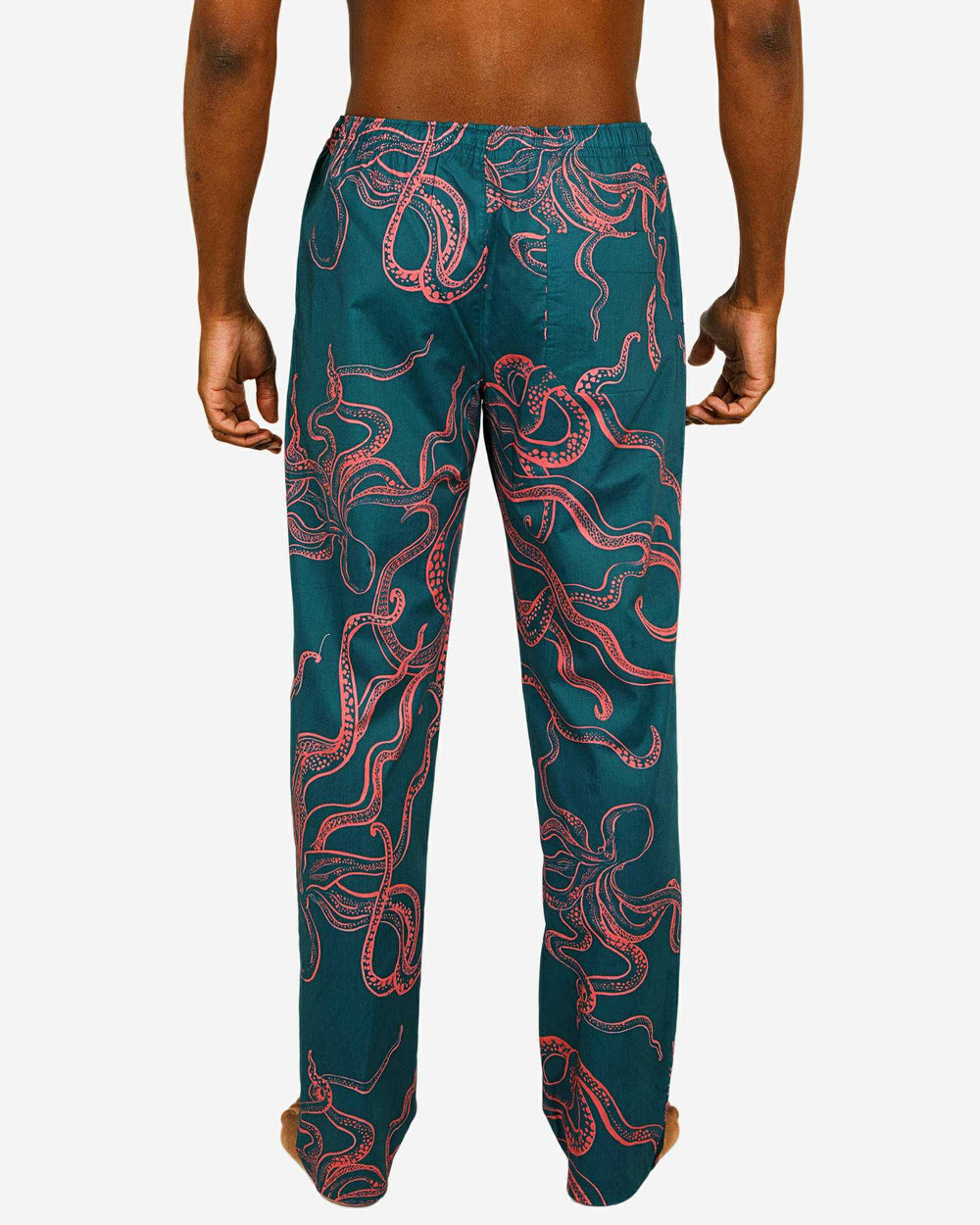 Mens Pyjama Bottoms - pink octopuses on a dark green background