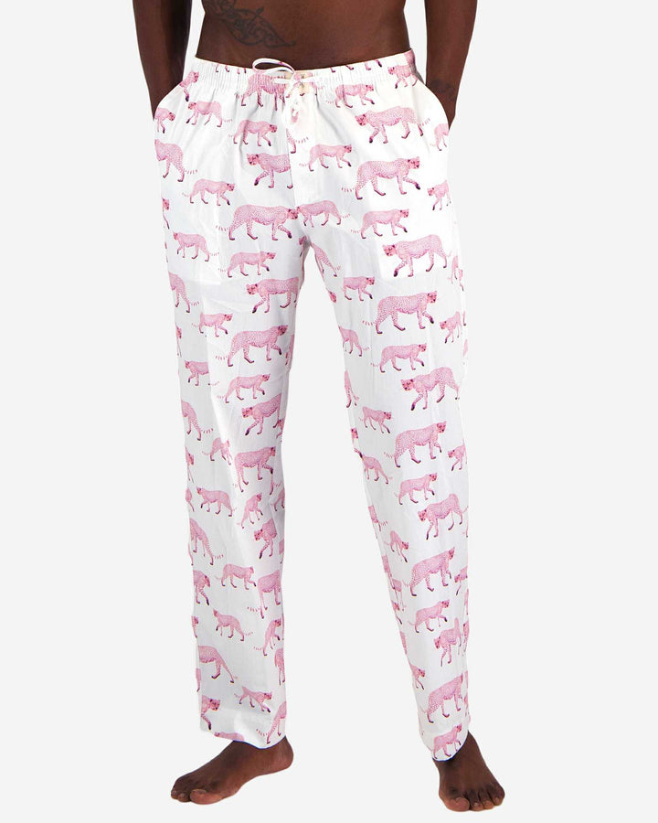 Mens white pyjama bottoms - pink cheetah