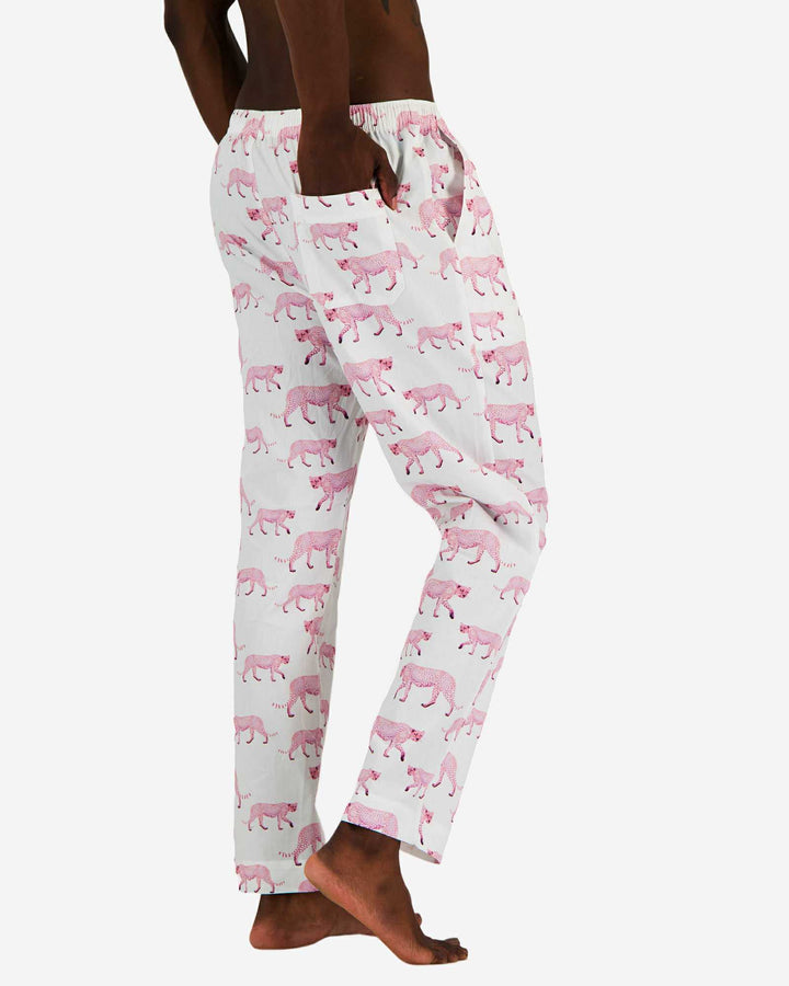 Mens white pyjama bottoms - pink cheetah