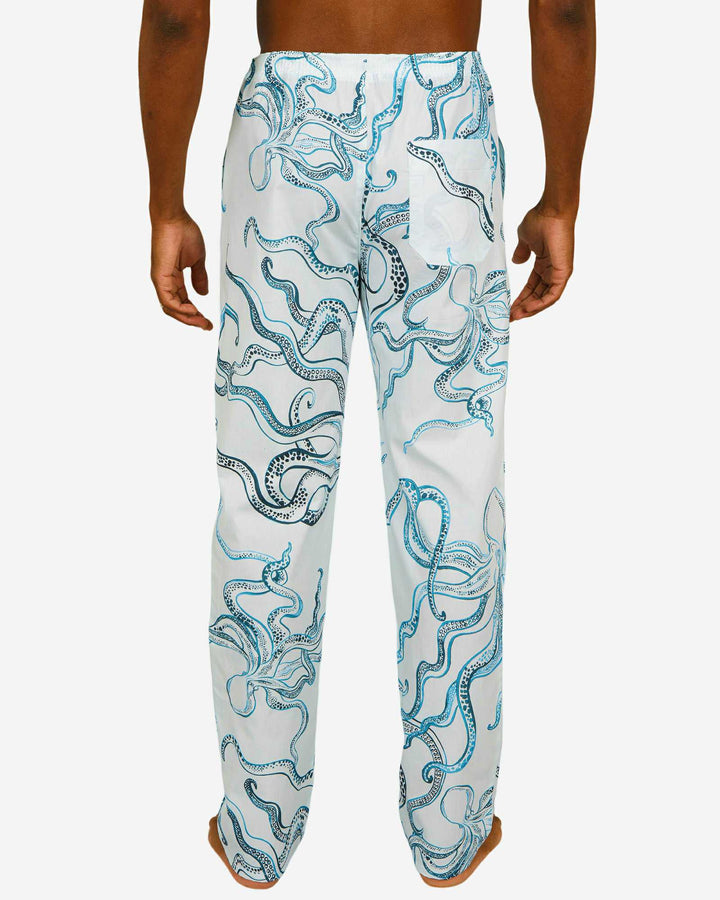 Mens white pyjama trousers - octopus indigo