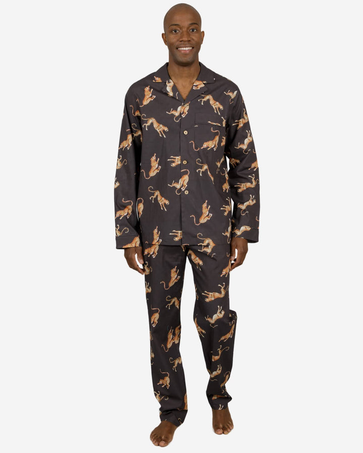 Mens black pyjamas set with jumping cheetahs