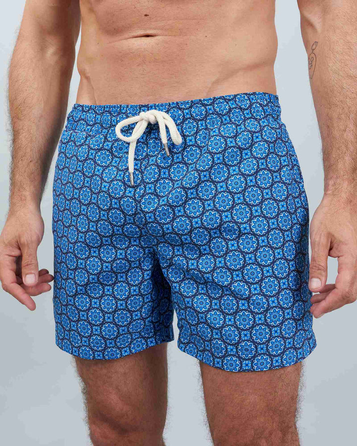 Mens blue swim shorts - indigo floral