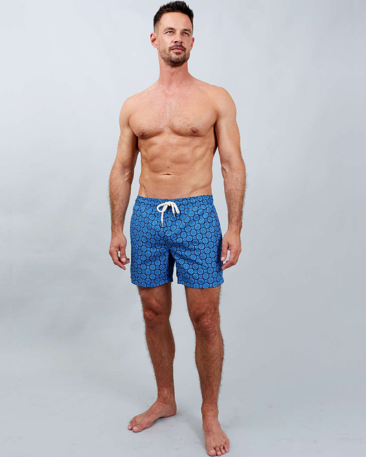 Mens blue swim shorts - indigo floral