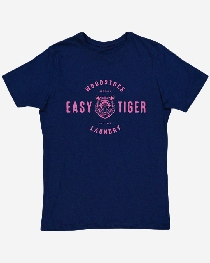 Mens navy t-shirt easy tiger pink print
