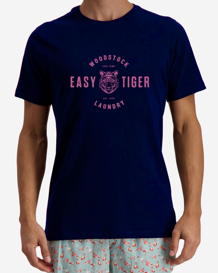 Mens navy t-shirts easy tiger pink print