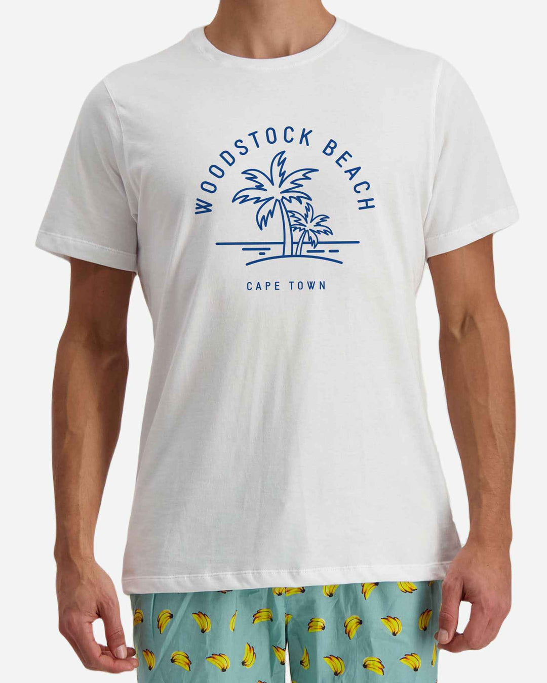Mens white t-shirts with Woodstock Beach print