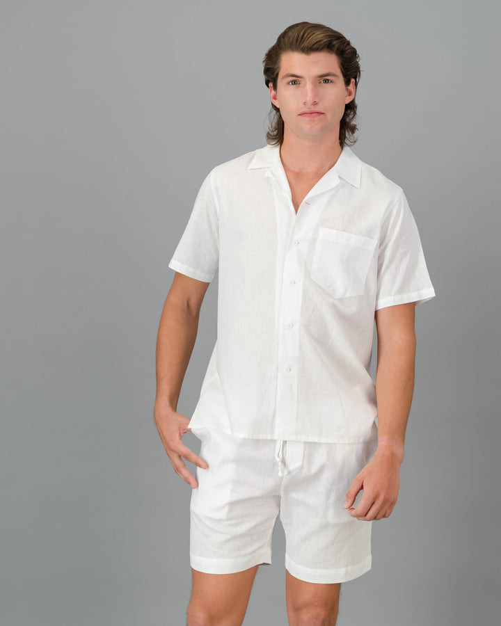 mens white linen drawstring shorts