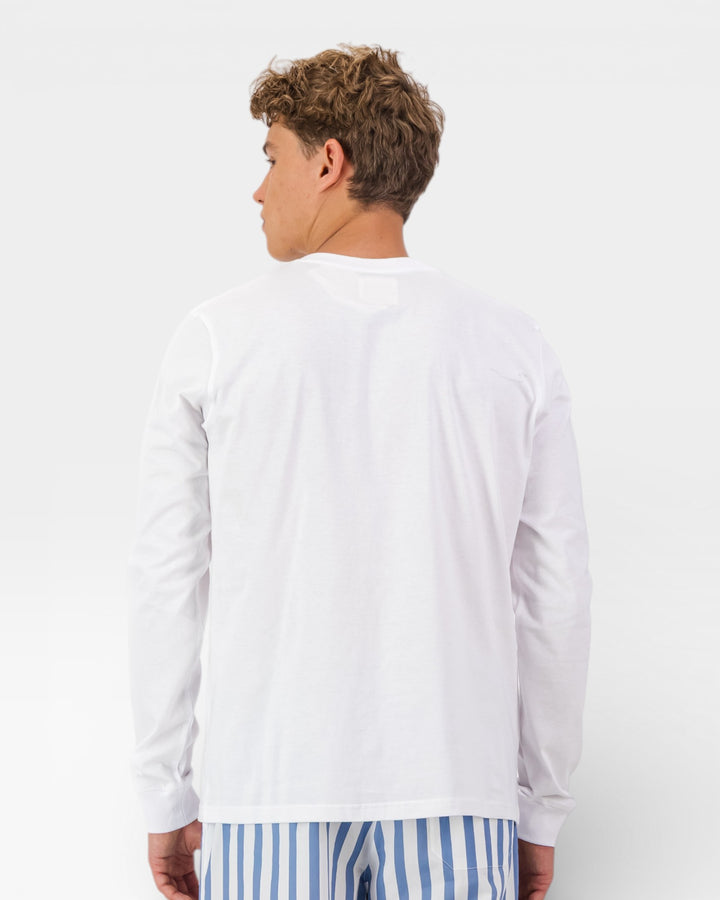 Person wearing a white long-sleeve shirt and striped shorts on a light gray background