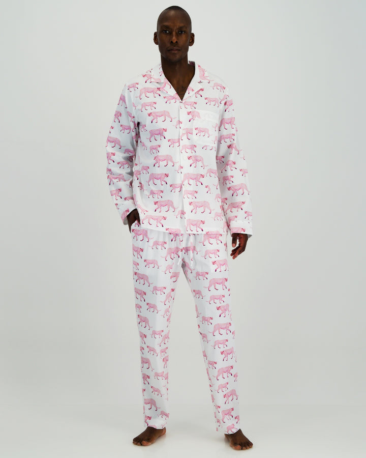 white pyjamas for men with pink cheetahs