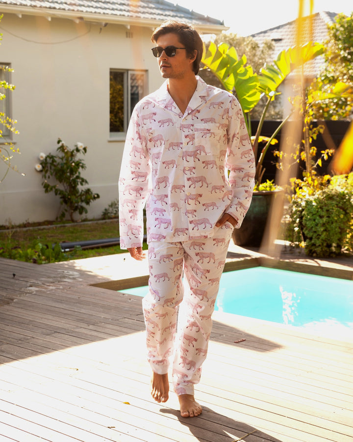 white pyjamas for men with pink cheetahs