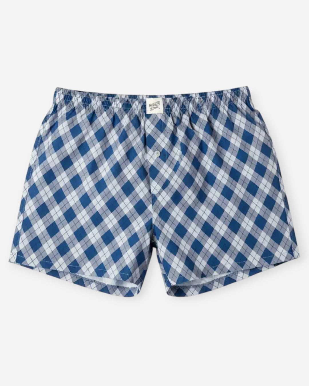 Blue and white checkered boxer shorts on a white background