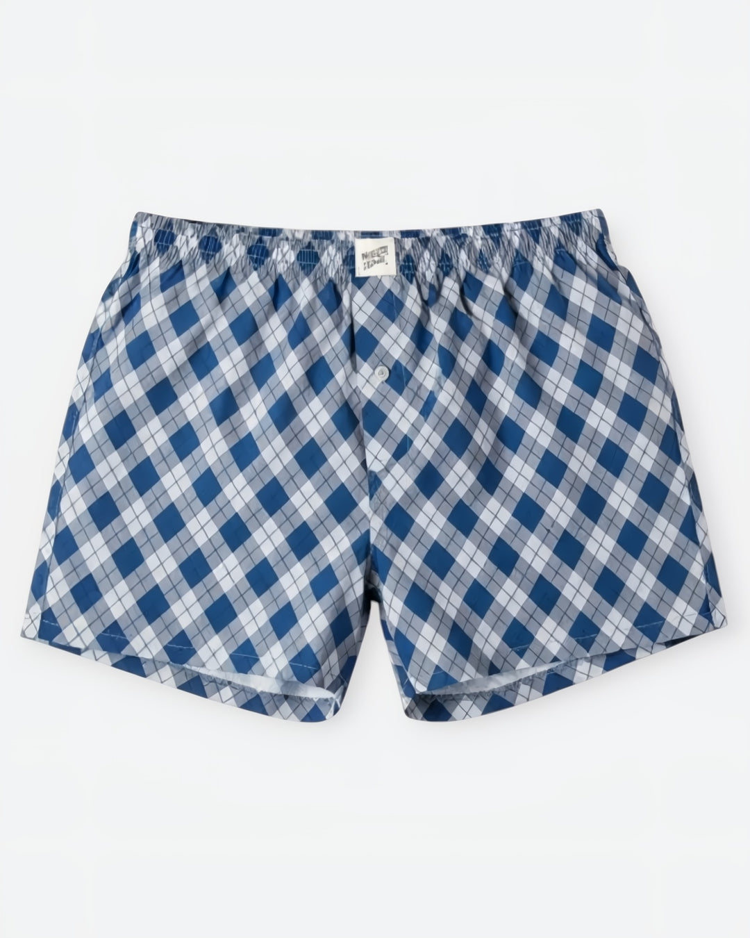 Blue and white checkered boxer shorts on a white background