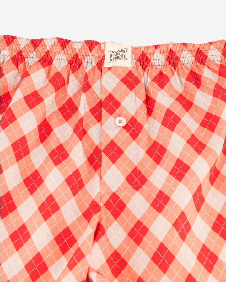 Pink and white checkered boxer shorts with a brand label on a white background
