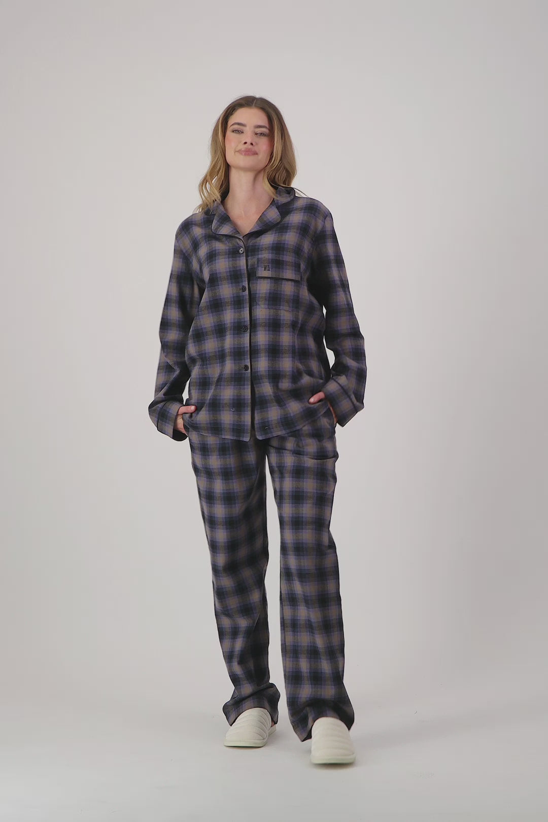 Womens blue brown checked flannel pyjamas