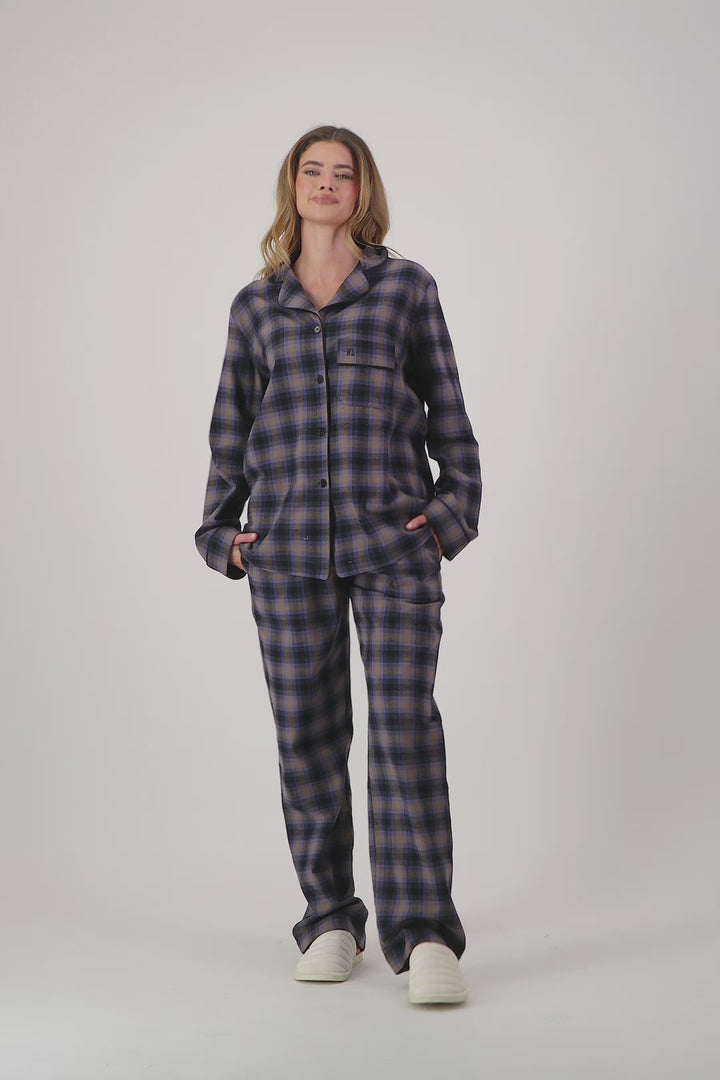 Womens blue brown checked flannel pyjamas