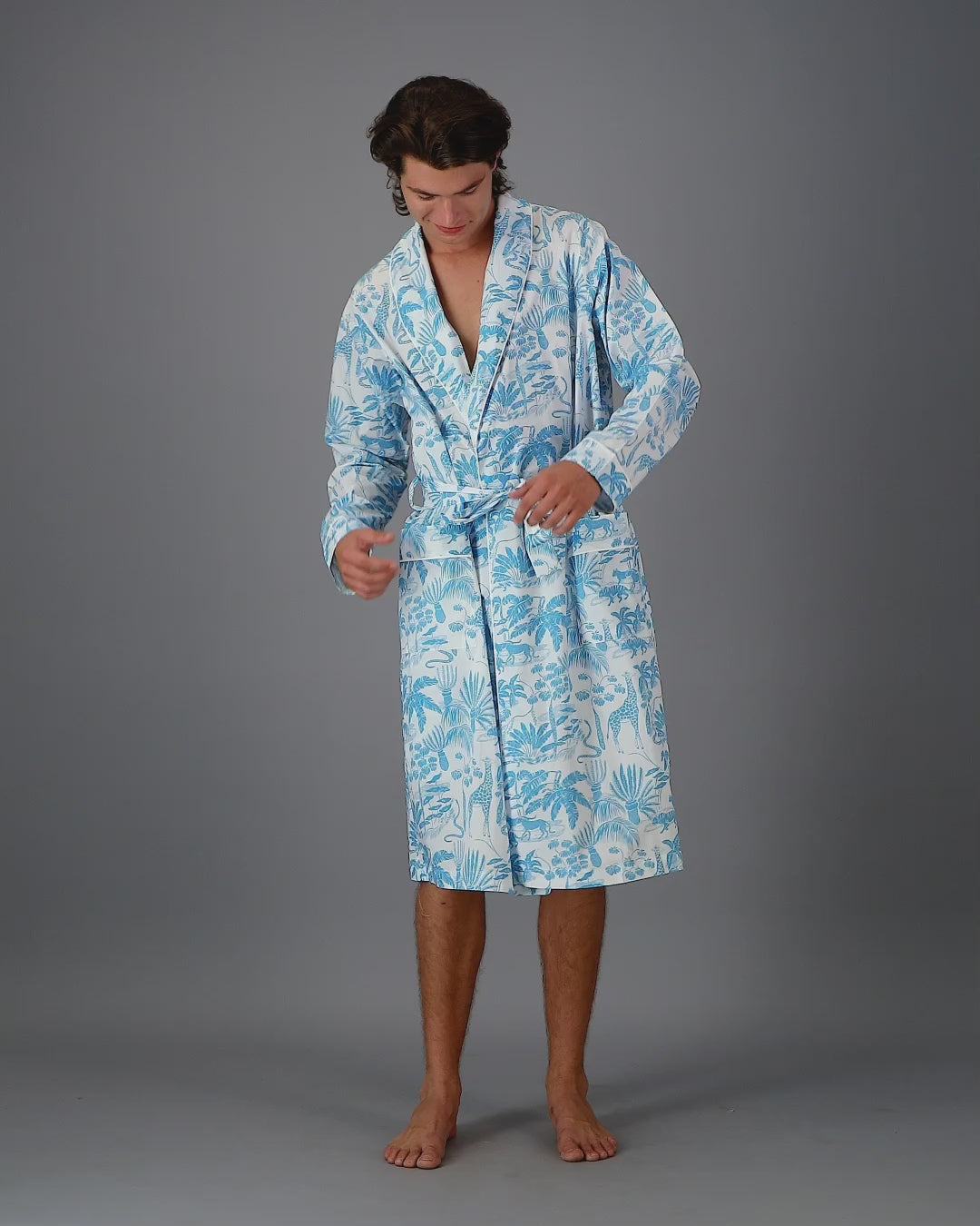 Blue mens dressing gown in chambray