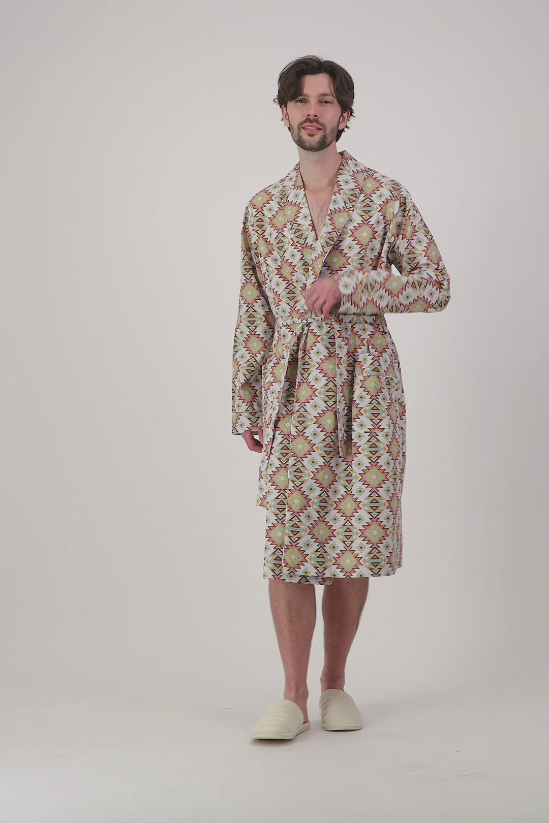 Mens robe with Southwestern geometric pattern in beige, brown and orange.